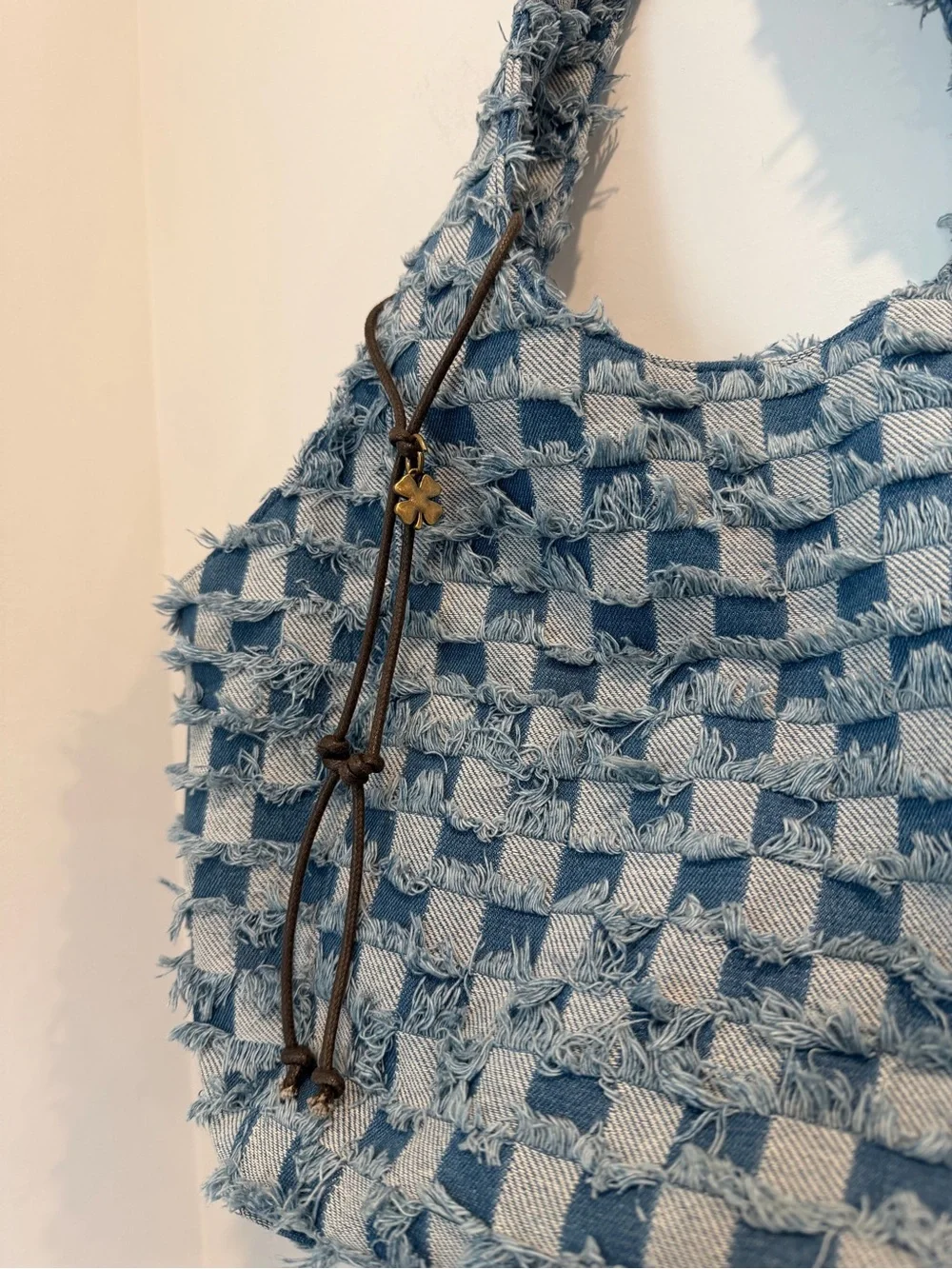 Lucky Brand Frayed Checkered Denim Tote - Light & Medium Blue